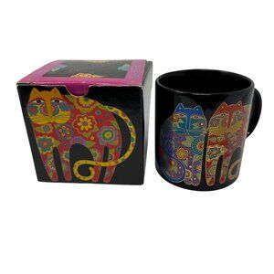 Laurel Burch Flowering Felines Cup 1993 Black Coffee Mug Colorful Cat Design Box